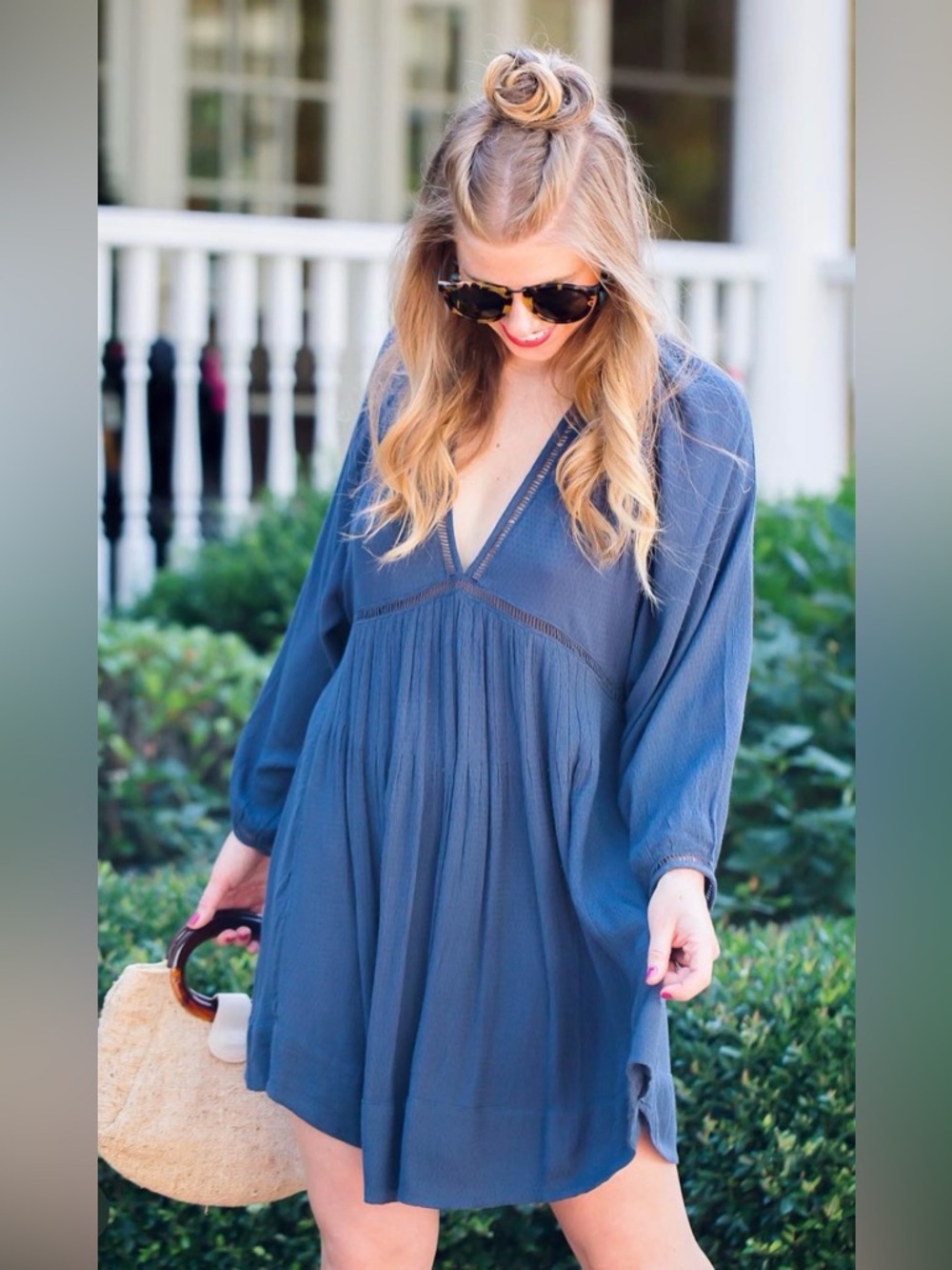 Free People Women's Go Lightly Deep V-Neck Mini Dress Babydoll Blue medium